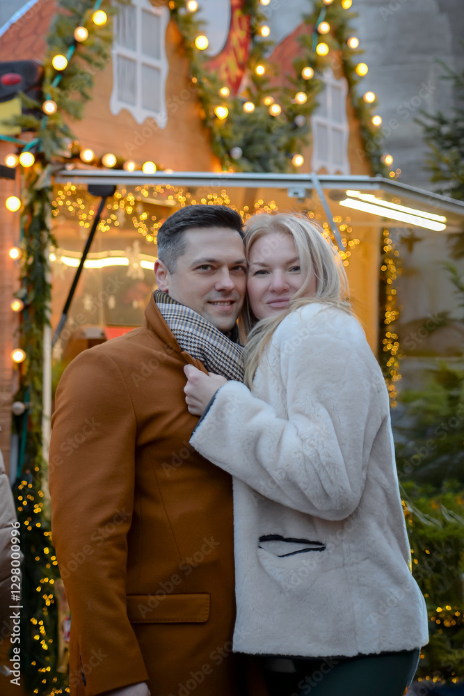 A Cozy Couple Embracing Each Other in a Beautiful Winter Wonderland Setting, Radiating Love and Joy A Cozy Couple Embracing Each Other in a Beautiful Winter Wonderland Setting, Radiating Love and Joy