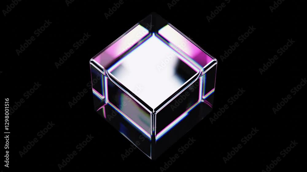 Abstract 3D render, smooth moving transparent cube with prismatic light dispersion, seamless looping motion for modern visuals