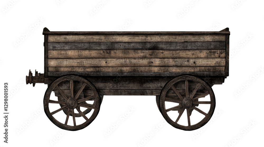 Fototapeta premium Rustic Wooden Wagon: A weathered, vintage wooden wagon with four sturdy wheels stands ready for a journey back in time. The rustic charm speaks volumes of history and enduring craftsmanship.
