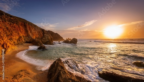 A hidden beach cove illuminated by golden evening light, with waves gently crashing on the rocks, creating a serene and peaceful atmosphere.
