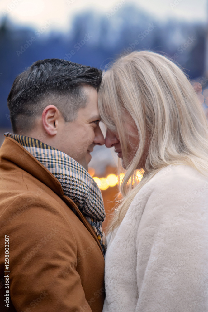 A Romantic Couple Embraces in the Blissful Atmosphere of a Cozy Winter Wonderland A Romantic Couple Embraces in the Blissful Atmosphere of a Cozy Winter Wonderland