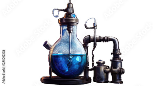Chemical Concoction: A detailed illustration of a vintage laboratory apparatus, featuring a large glass vessel containing swirling blue liquid, evokes the atmosphere of scientific exploration.
