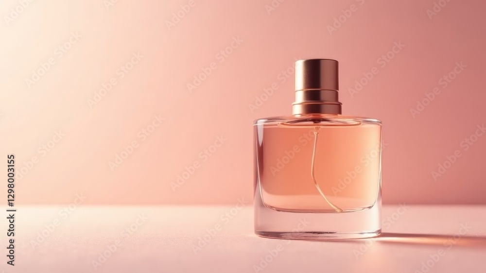 glass bottle with perfume on a delicate pink background
