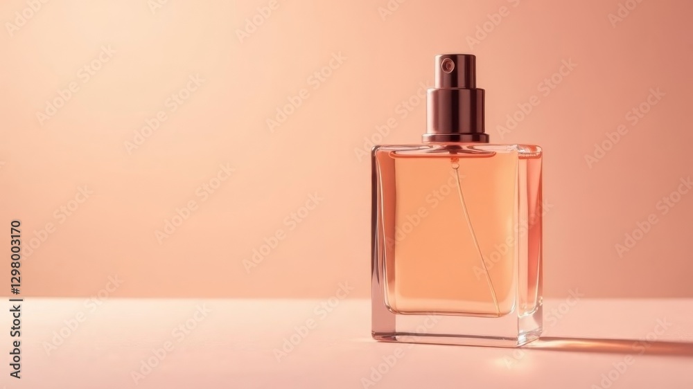glass bottle with perfume on a delicate pink background