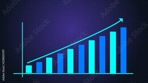 A futuristic financial growth chart featuring glowing neon blue bars and an upward arrow on a dark grid background. This high-quality digital design represents business success, stock market trends.