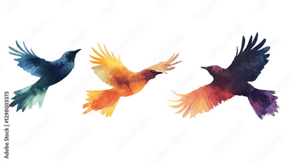 Obraz premium Three birds in vibrant watercolor flight, soaring through a dreamscape of blue, orange, and purple hues, showcasing graceful wings and a sense of freedom.