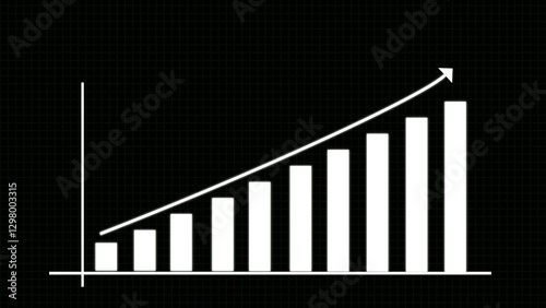 A futuristic financial growth chart featuring glowing white bars and an upward arrow on a transparent background. This high-quality digital design represents business success, stock market trends.