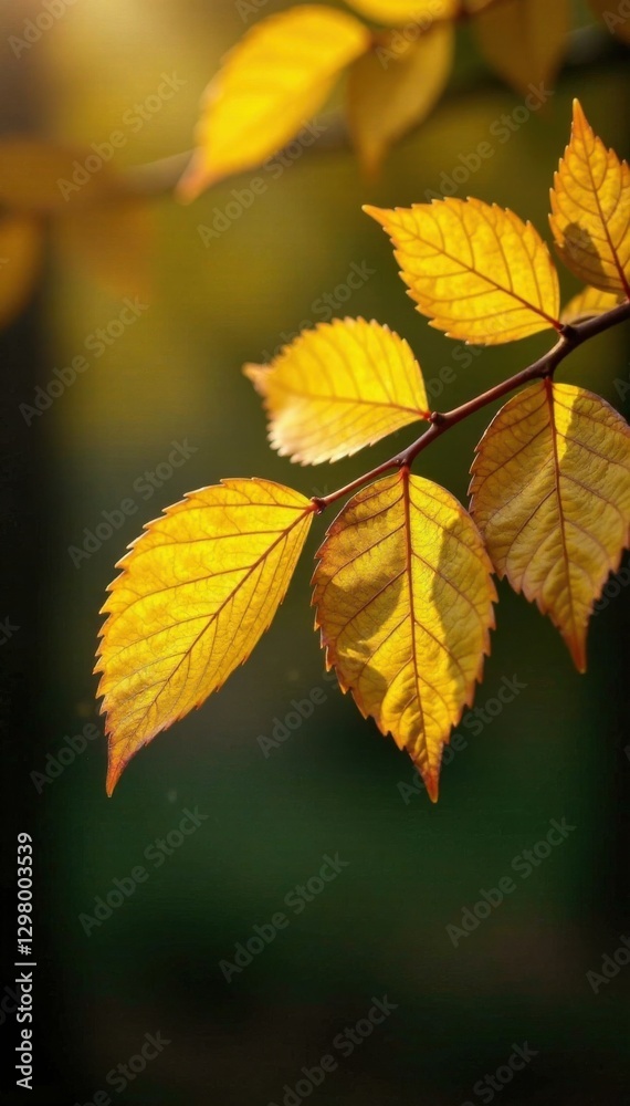 Shiny yellow leaf gold foil details on a tree branch , foliage, branch, outdoors Shiny yellow leaf gold foil details on a tree branch , foliage, branch, outdoors