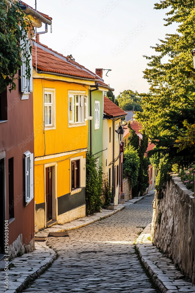 Fototapeta premium Charming cobblestone street in a European village at sunset