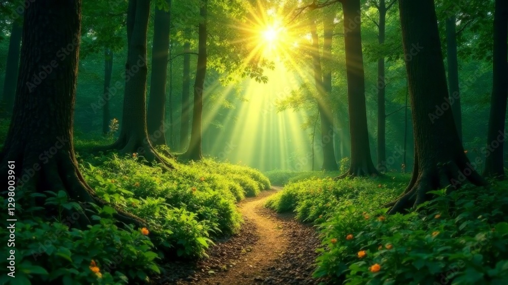 Fototapeta premium green forest with a path with light in the distance