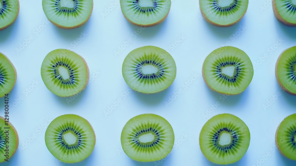 Fototapeta premium Freshly Sliced Kiwi Fruit Arranged in a Pattern on White Background
