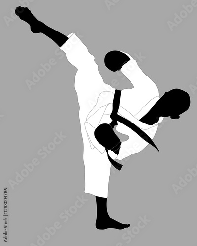 Black and white. Silhouette of a man in a kimono. High kick. Illustration