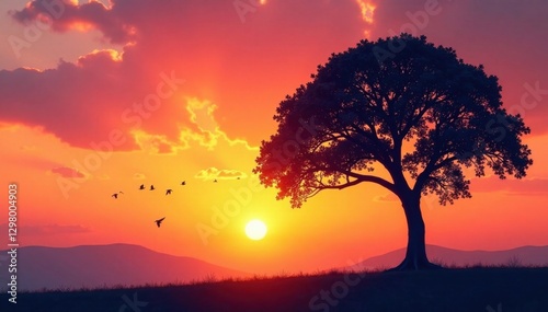 Silhouette of tree against sunset sky with birds flying freely, birds, wildlife, nature