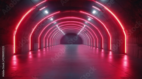 Sci Fi Futuristic Cyber Retro Gaming Showcase Product Garage Grunge Concrete Neon Laser Glowing Red Background Empty Hangar Studio Tunnel Background 3D Rendering Illustration