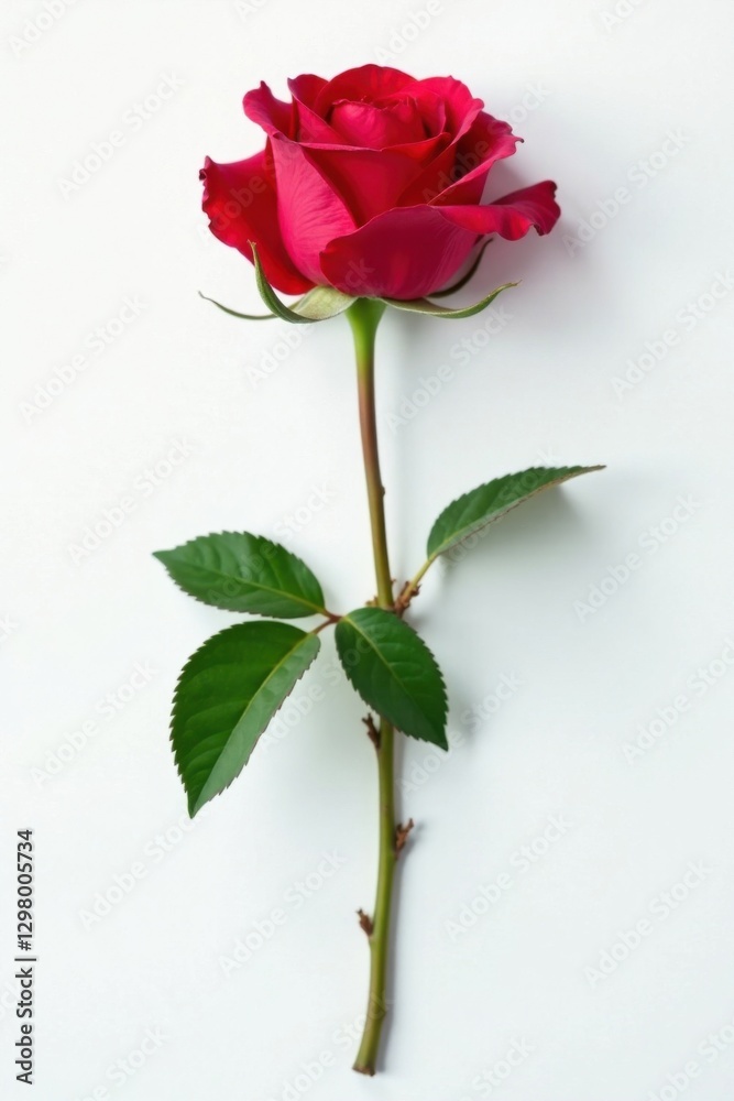 Obraz premium Simple rose stem isolated on white background, leaves, simple drawing, minimalist