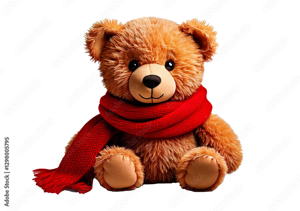 Obraz premium A teddy bear wrapped in a red scarf toy isolated on a transparent or white background.