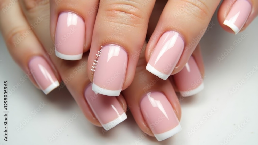 Biab Nails. Woman is holding pink and white manicure with diamond Biab Nails. Woman is holding pink and white manicure with diamond