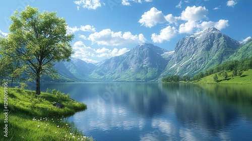 Breathtaking mountain lake reflecting blue sky, surrounded by greenery and peaceful nature.