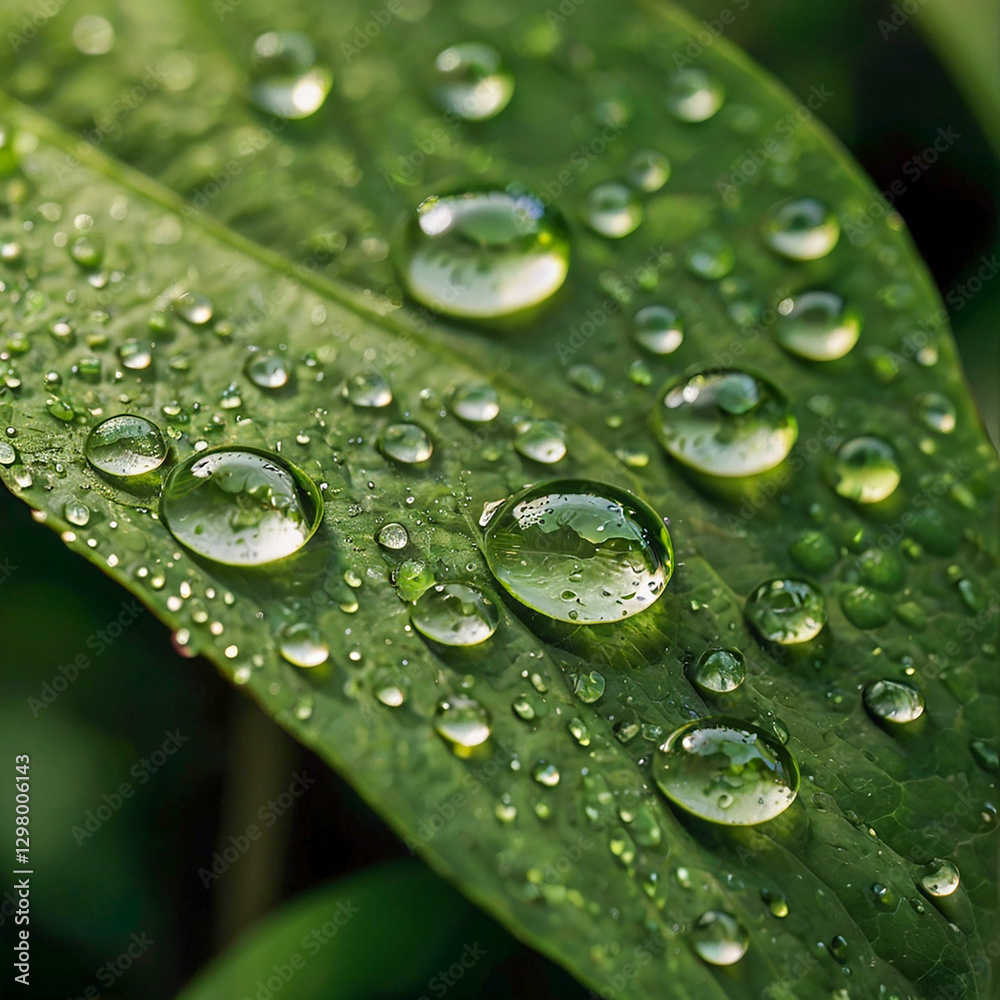 Fototapeta premium Detailed photograph showcasing glistening water droplets on a lush green leaf, emphasizing natural beauty and freshness.