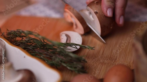 Cooking, women's hands cutting champignons for lunch or dinner.