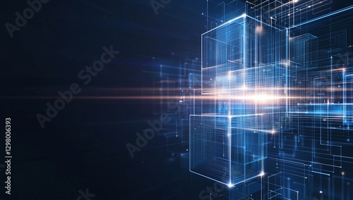 Futuristic digital technology background featuring floating geometric shapes with luminescent lines. Ideal for illustrating innovation, data processing, or modern design concepts.