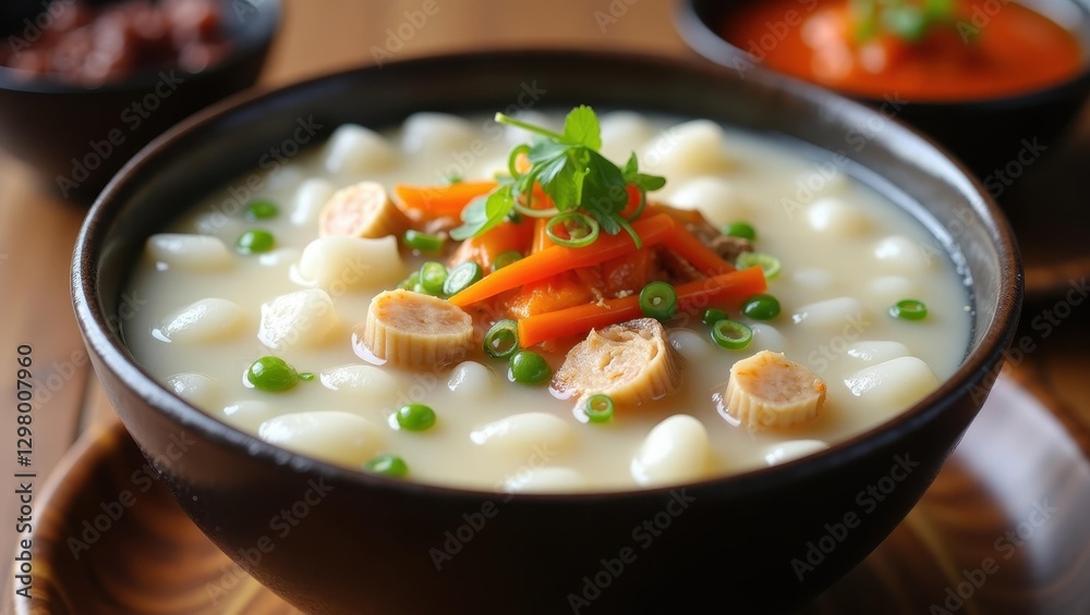 Congee. Bowl is full of soup with meat and vegetables in it Congee. Bowl is full of soup with meat and vegetables in it