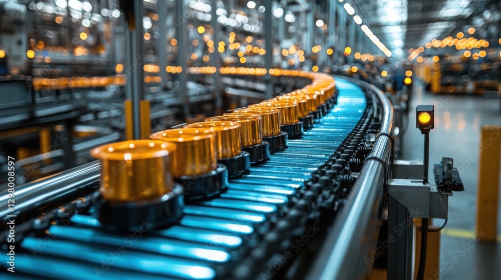 This image shows a close-up view of a conveyor belt system in a factory setting, highlighting the intricate details of the machinery and amber-colored containers moving along it. This image shows a close-up view of a conveyor belt system in a factory setting, highlighting the intricate details of the machinery and amber-colored containers moving along it.