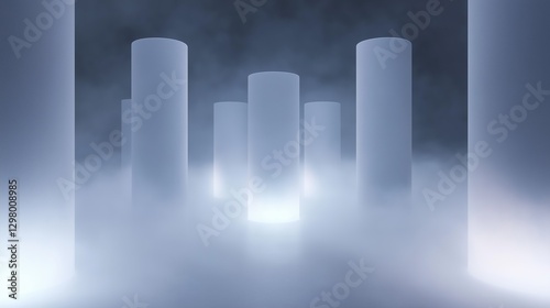 Group of tall, cylindrical structures that appear to be floating in the air. the structures are arranged in a line, with the tallest one in the center and the others on either side.