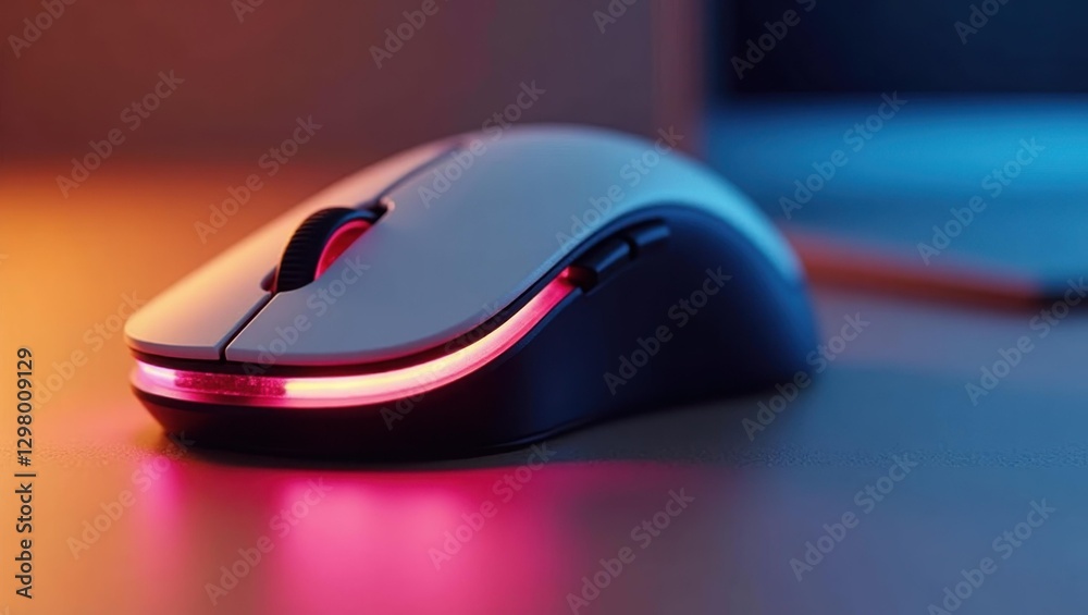 Ergonomic Mouse. Mouse is glowing red on desk next to laptop Ergonomic Mouse. Mouse is glowing red on desk next to laptop