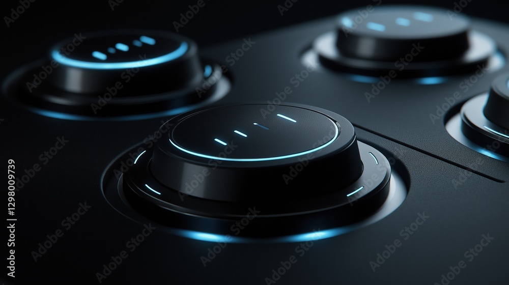 Close-up of a black control panel with four round knobs. the knobs are arranged in a circular pattern, with the largest one in the center and two smaller ones on either side. Close-up of a black control panel with four round knobs. the knobs are arranged in a circular pattern, with the largest one in the center and two smaller ones on either side.