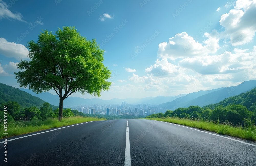 Asphalt road leads to city skyline in Hangzhou, China. Green tree, mountain, forest under blue cloudy sky. Modern buildings, car drive, street traffic, transportation. Summer travel, tourism vacation Asphalt road leads to city skyline in Hangzhou, China. Green tree, mountain, forest under blue cloudy sky. Modern buildings, car drive, street traffic, transportation. Summer travel, tourism vacation