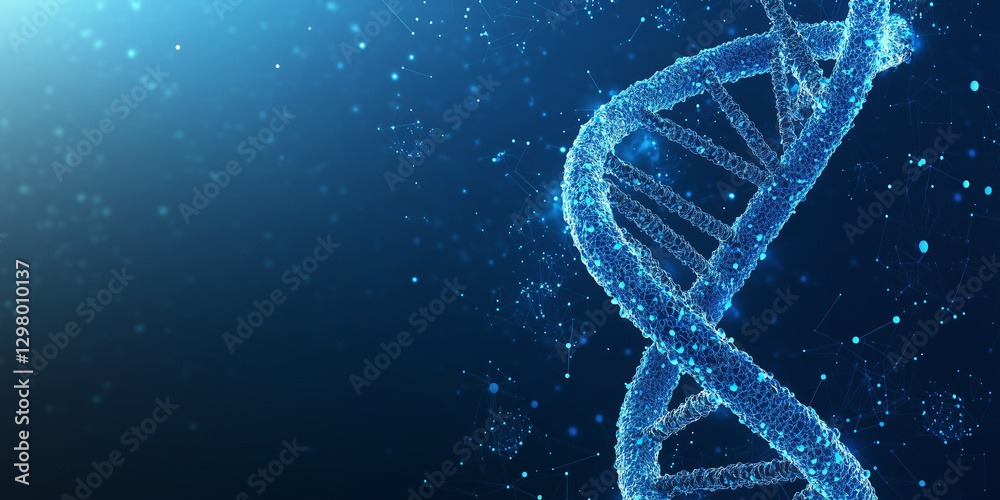 Futuristic holographic blue DNA double helix with digital particles swirling around, on a dark blue gradient background, copyspace for text. Futuristic holographic blue DNA double helix with digital particles swirling around, on a dark blue gradient background, copyspace for text.