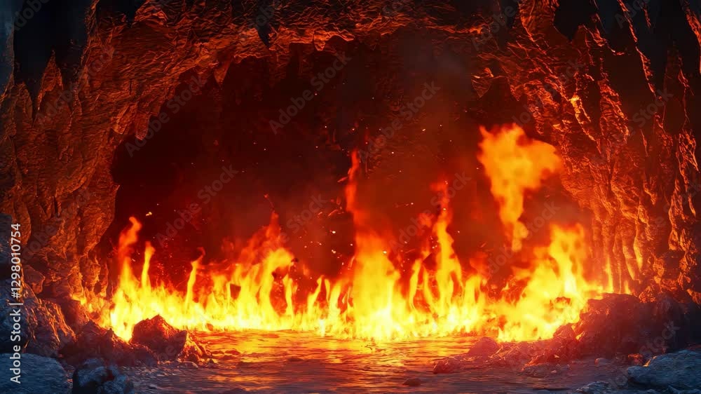 Flames dance elegantly within a mysterious cave setting at twilight, Flames rising and diminishing in beautiful cave wide shot Flames dance elegantly within a mysterious cave setting at twilight, Flames rising and diminishing in beautiful cave wide shot