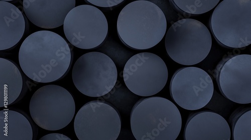 Close-up of a group of circular objects arranged in a grid-like pattern. the objects are all the same size and shape, and they are all dark blue in color.