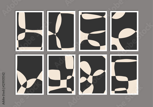 Minimal mid century wall art posters set with abstract shapes composition