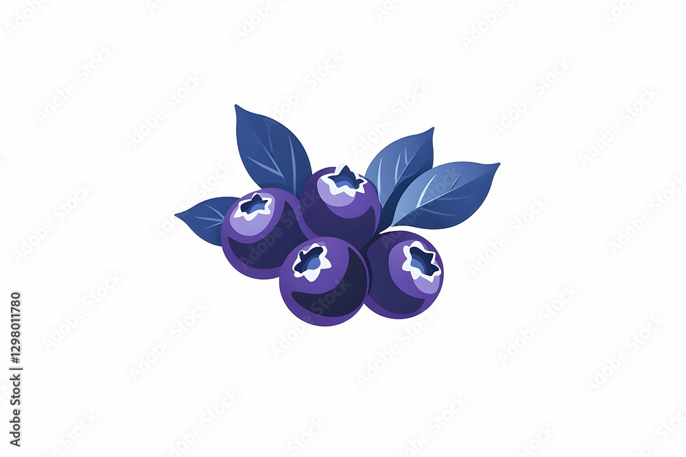 Fototapeta premium Illustration of fresh blueberries with leaves on a white background, healthy eating concept