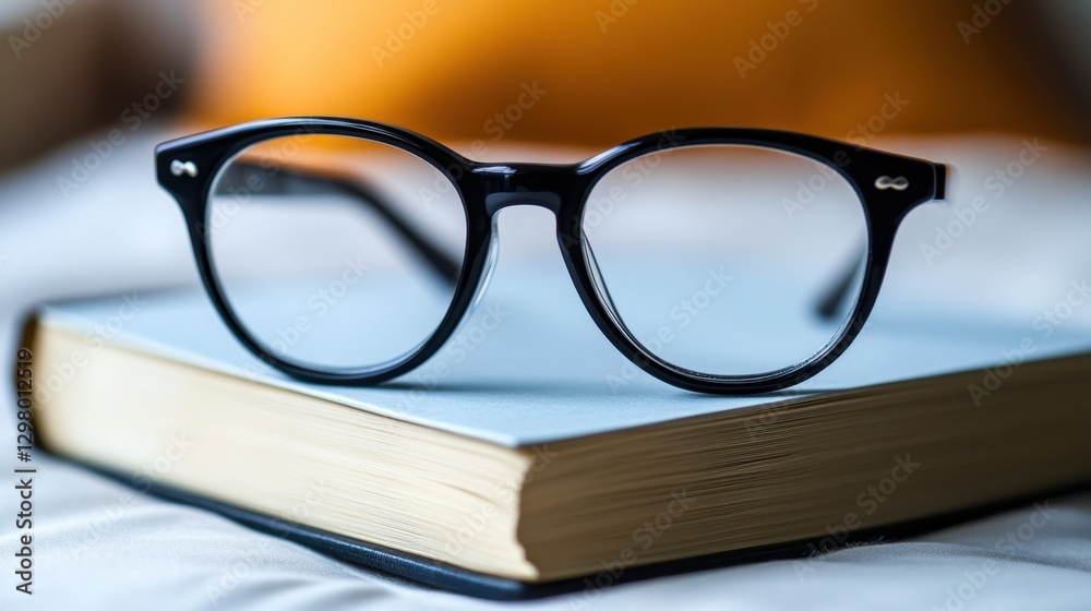 Stylish black glasses rest on an open book, suggesting a cozy reading environment and a love for literature. Stylish black glasses rest on an open book, suggesting a cozy reading environment and a love for literature.