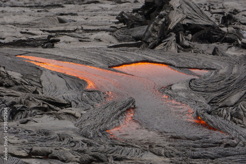 Active lava flows over old lava field in Hawaii