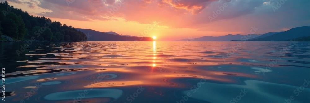 Obraz premium Softly glowing waves on a serene lake at sunset, warm sunlight, natural beauty, relaxing scene