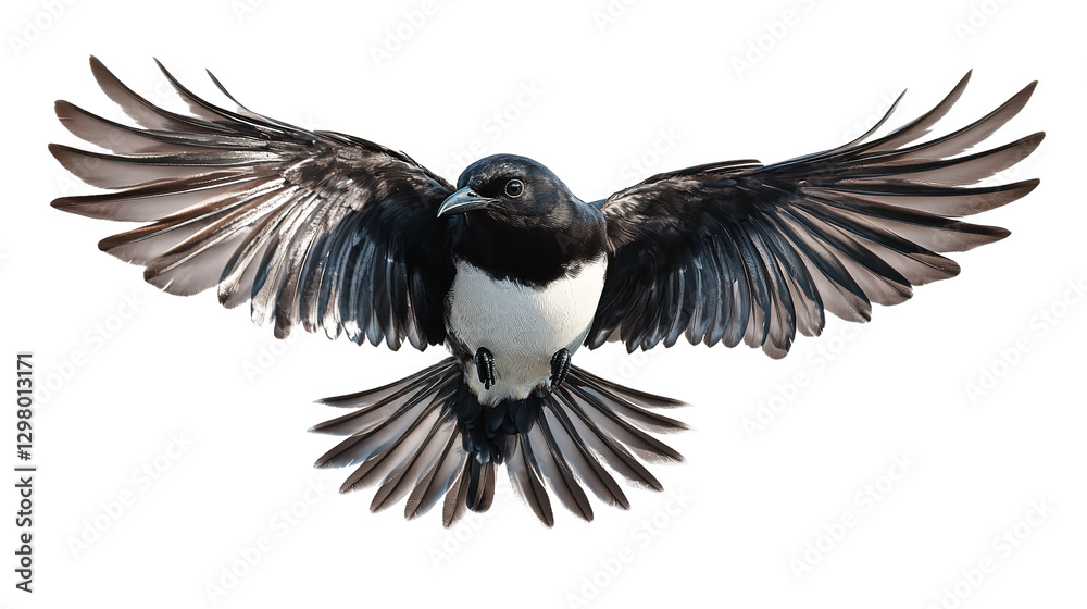 Naklejka premium A magpie in majestic flight, wings outstretched against a stark white background, showcasing its striking black and white plumage with incredible detail.