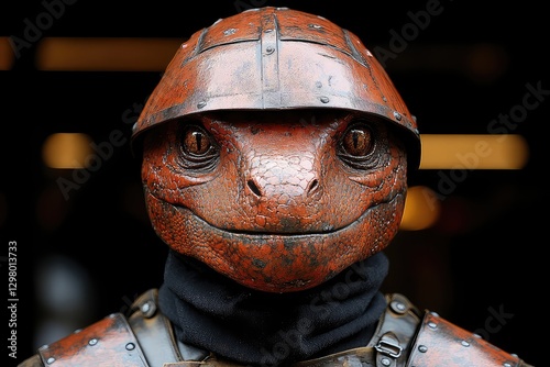 A close-up of a humanoid turtle warrior in armor, set against a blurred background of a medieval fair photo