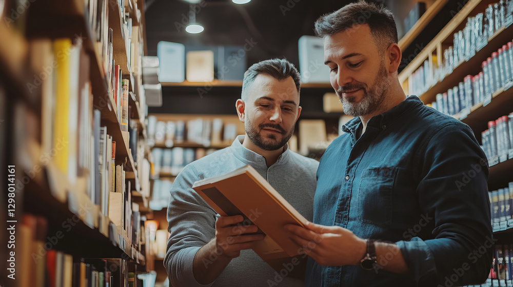 Fototapeta premium Two Men Enjoying a Moment Together in a Cozy Library Surrounded by Bookshelves and Literature