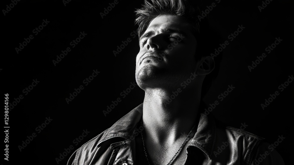 Profile of a Young Man in Shadow with Intense Expression and Stylish Jacket Highlighting Dramatic Lighting Effects Profile of a Young Man in Shadow with Intense Expression and Stylish Jacket Highlighting Dramatic Lighting Effects