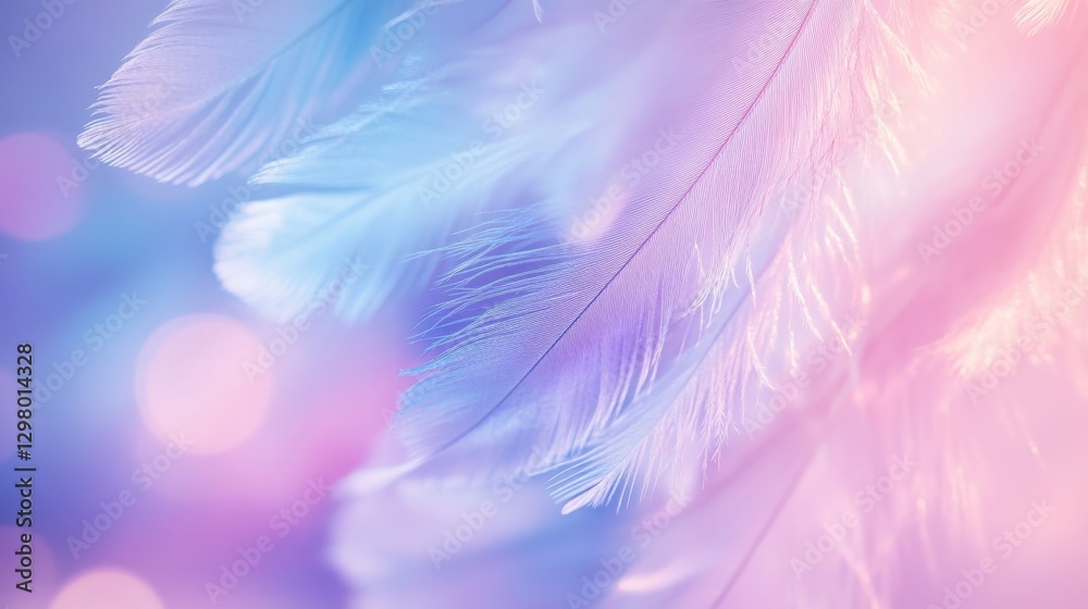 Obraz premium Close Up View Of Delicate Pastel Blue Pink And Purple Feathers Against A Soft Bokeh Background, Dreamy And Airy Texture With Gentle Lighting