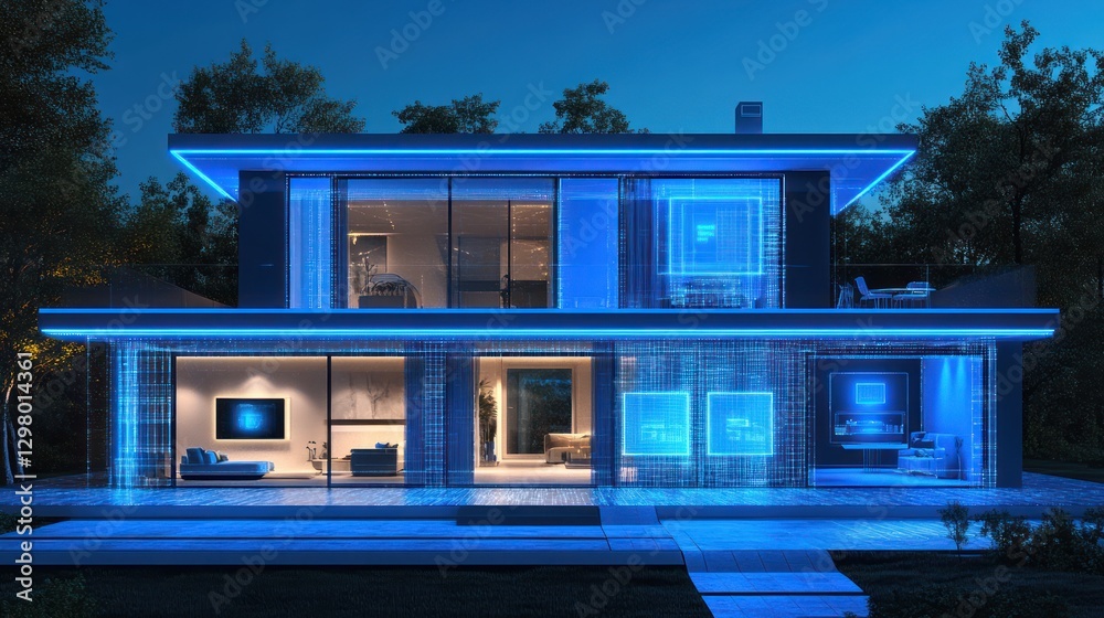 Fototapeta premium Smart home at night, illuminated with blue LED lights, showcasing interior screens.