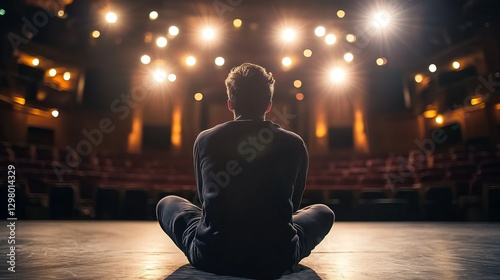 Solitary Performer Contemplates His Next Move on a Dark Theater Stage Surrounded by Bright Stage Lights