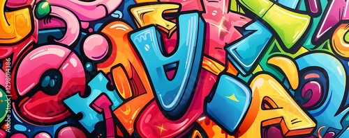 Wallpaper Mural A Symphony of Colors: A vibrant and energetic abstract graphic design features a playful explosion of colorful letters and shapes, creating a bold and visually stimulating pattern. Torontodigital.ca