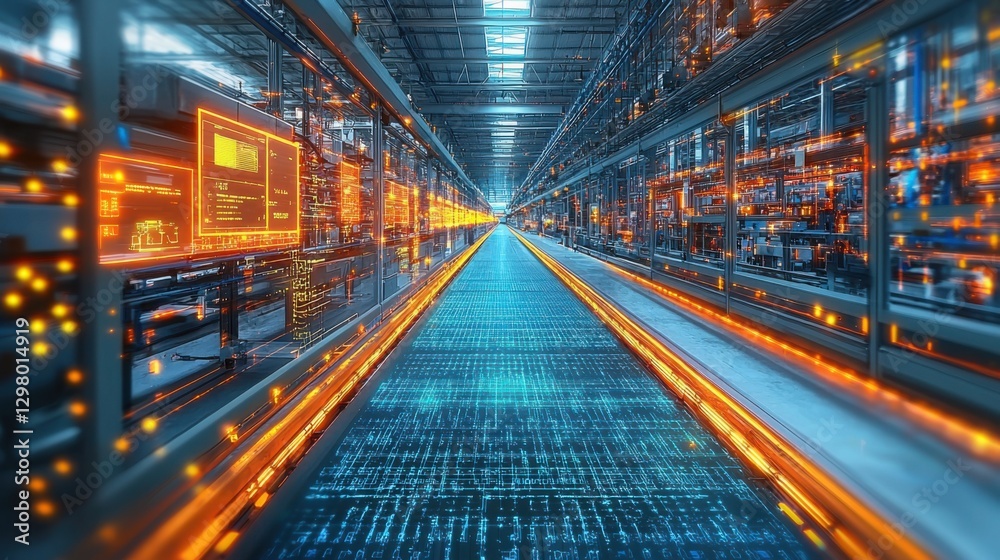 A futuristic warehouse interior featuring a high-tech design with glowing orange lines and data flowing on the floor, creating an innovative atmosphere. A futuristic warehouse interior featuring a high-tech design with glowing orange lines and data flowing on the floor, creating an innovative atmosphere.