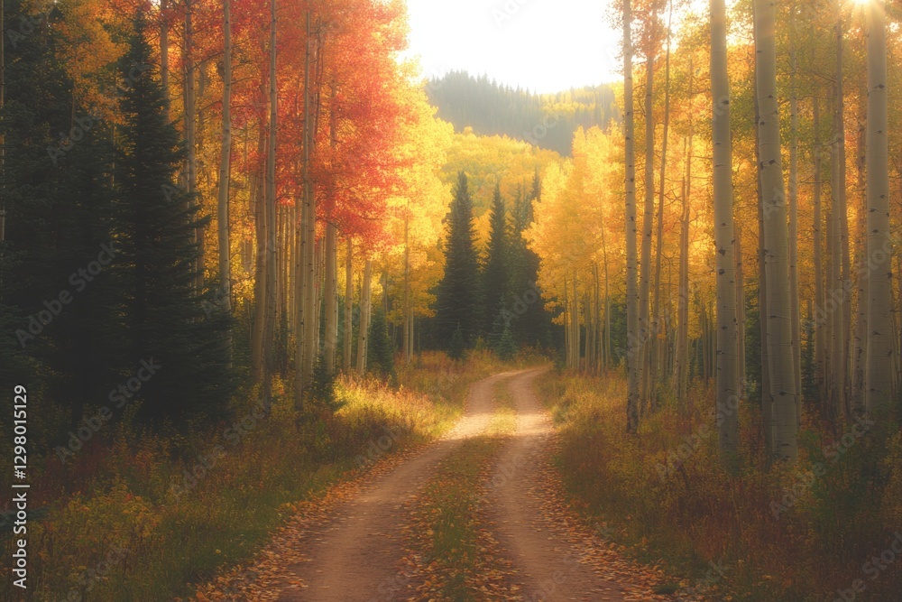 Obraz premium Winding path through vibrant autumn forest, sunlight filtering t