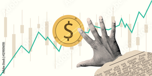 Contemporary Halftone Collage Hand for investments concept, trading, marketing. Online Stock banner with coins, money, finance elements. Horizontal invest or business poster. Vector illustration.